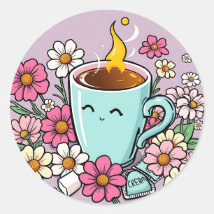Adesivo Redondo Xícara de café quente e flores