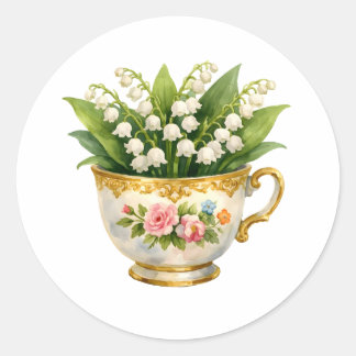 Adesivo Redondo Xícara de Chá Antiga com Flores de Lírio-do-Vale