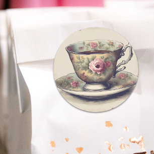 Adesivo Redondo Xícara de Chá Floral Vintage French Country Shabby