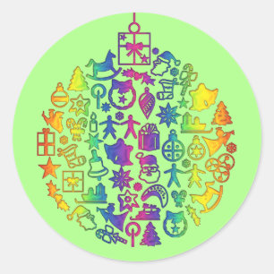 Adesivo Redondo Xmas - Bola em árvore com ícones de Natal 1