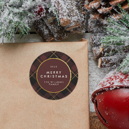 Adesivo Redondo Xmas de Tecido Xadrez Dourado e Vermelho Escuro