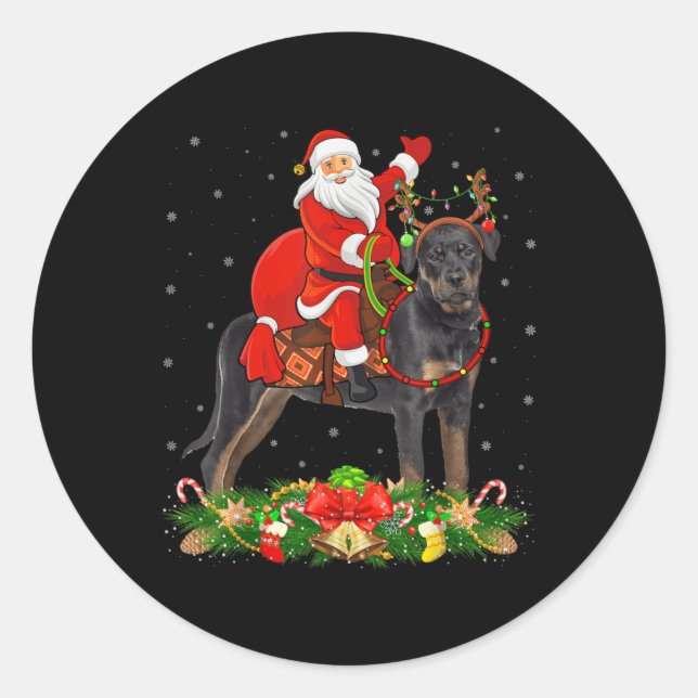 Adesivo Redondo Xmas Decor Funny Santa Riding Rottweiler Dog Chris (Frente)