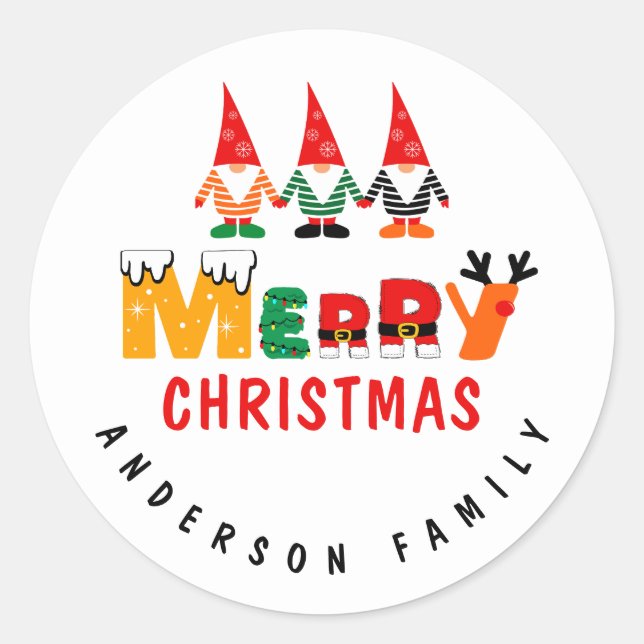 Adesivo Redondo Xmas Gnomos Whimsical Fonts Feliz Natal (Frente)
