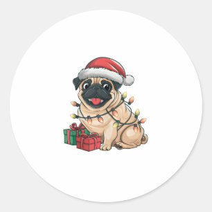 Adesivo Redondo Xmas Lighting Santa Hat Pug Cães Natal _2