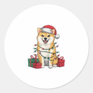 Adesivo Redondo Xmas Lighting Santa Hat Shiba Inu Dog Natal _1