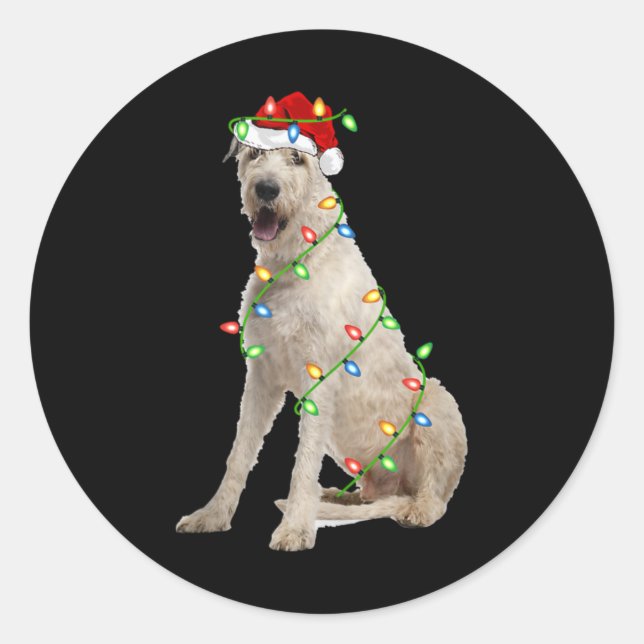 Adesivo Redondo Xmas Lights Santa Hat Irish Wolfhound Dog Christma (Frente)