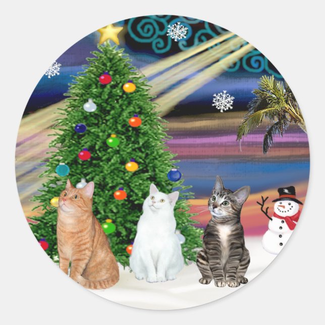 Adesivo Redondo Xmas Magic - 3 gatos (2 comprimidos - branco) (Frente)