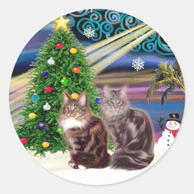 Adesivo Redondo Xmas Magic - Dois gatos Maine Coon (Frente)