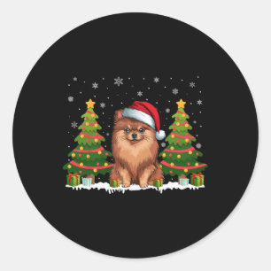 Adesivo Redondo Xmas Tree Lights Pomeranian Dog Santa Hat Christma