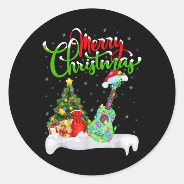 Adesivo Redondo Xmas Tree Lights Santa Hat Musical Ukulele Guitar  (Frente)