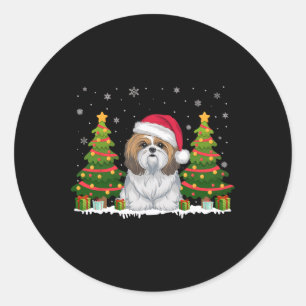 Adesivo Redondo Xmas Tree Lights Shih Tzu Dog Santa Hat Natal