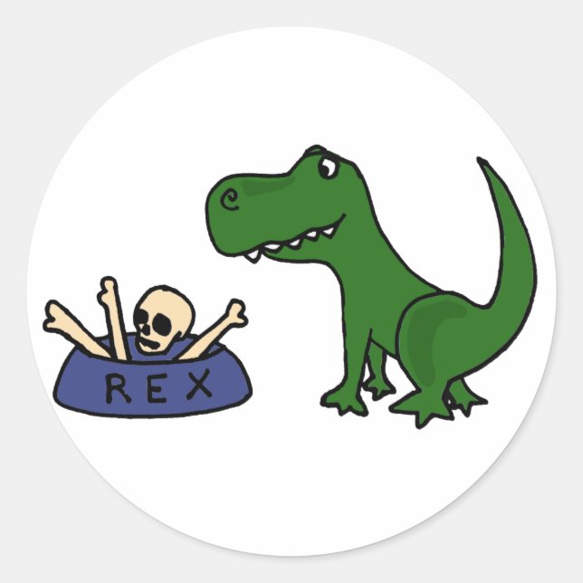 Adesivo Redondo XY - Engraçado Dinossauro T-Rex e Crânio em Bowl (Frente)