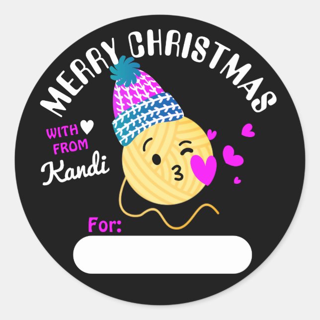 Adesivo Redondo Yarn emoji kissy face tricotando crochê Natal (Frente)