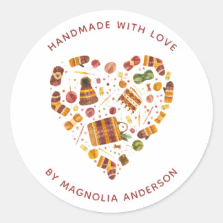 Adesivo Redondo Yarn Heart Crochet Handmade with Love