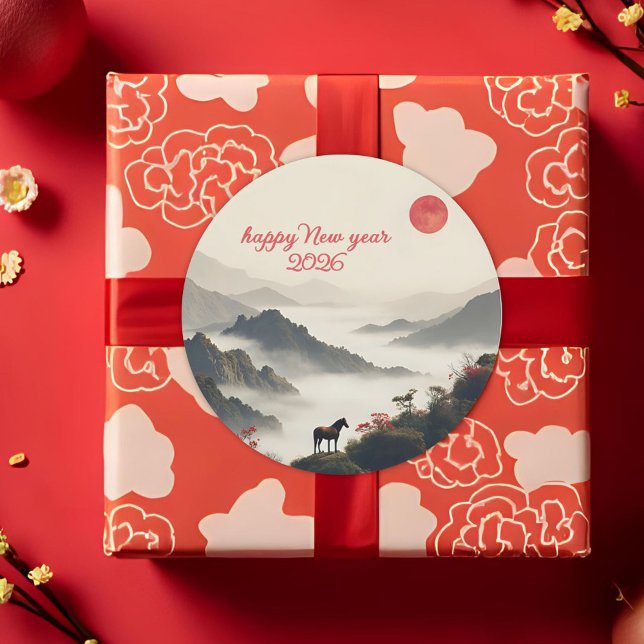 Adesivo Redondo Year of the Horse 2026 Chinese New Year Mountain  (Criador carregado)
