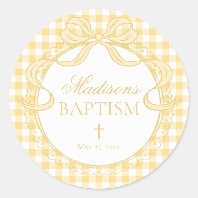 Adesivo Redondo Yellow Gingham Coquette Bow Baptism Envelope Seal (Frente)