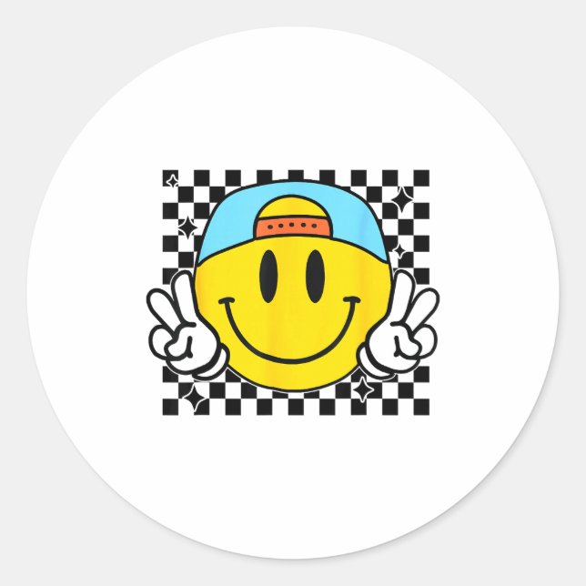 Adesivo Redondo Yellow Smile Face Cute Checkered Peace Smiling Hap (Frente)