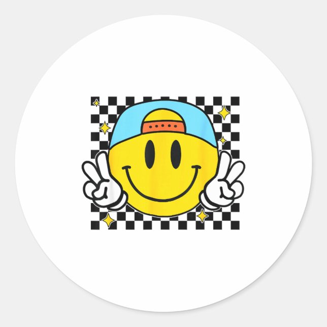 Adesivo Redondo Yellow Smile Face Cute Checkered Peace Smiling Hap (Frente)