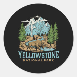 Adesivo Redondo Yellowstone USA National Park Wolf Bison Bear Vint