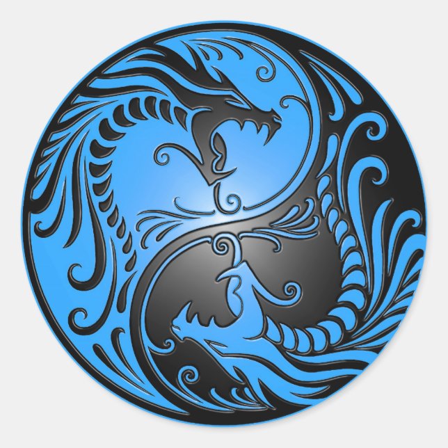 Adesivo Redondo Yin Yang Dragon, azul e preto (Frente)