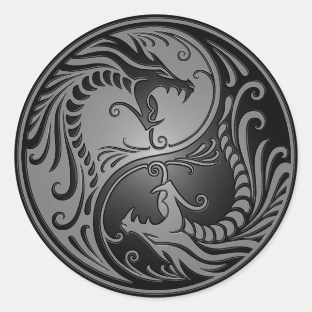 Adesivo Redondo Yin Yang Dragon, cinza e preto (Frente)