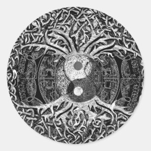 Adesivo Redondo Yin Yang em preto e branco com a árvore de vida