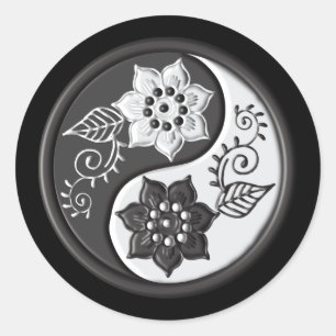 Adesivo Redondo Yin Yang Floral Preto e Prata