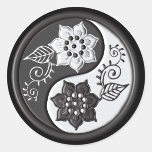 Adesivo Redondo Yin Yang Floral Preto e Prata