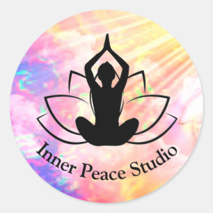 Adesivo Redondo Yoga Lotus Reiki Bem-estar Cor de Água Púrpura Ros