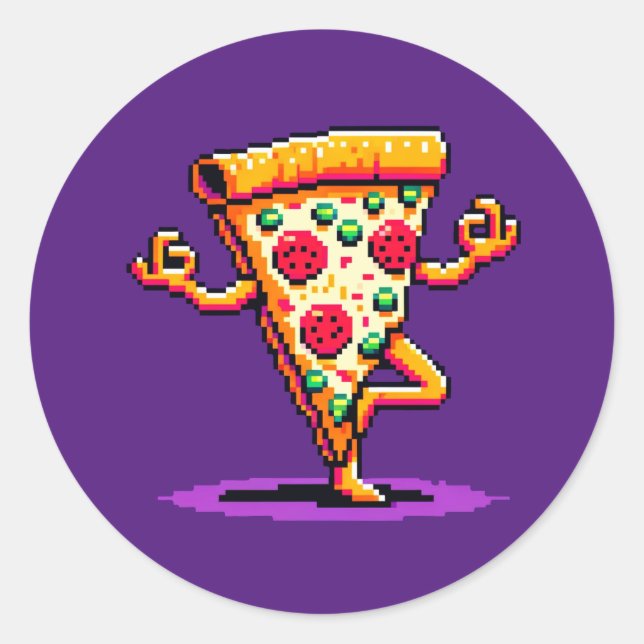 Adesivo Redondo Yoga Pizza: Fatia de 8 Bits em Arte Humorosa de Pi (Frente)