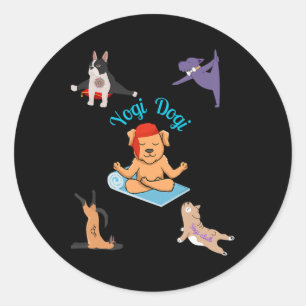 Adesivo Redondo Yogi Dogi V4. Arte de Ioga de Cachorro Divertido