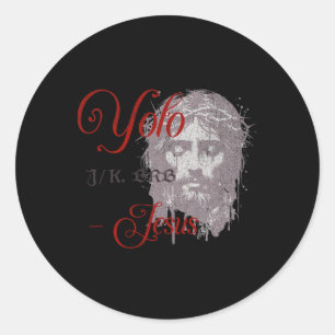 Adesivo Redondo Yolo Jk Brb Jesus Funny Páscoa Day Bíblia Vintage