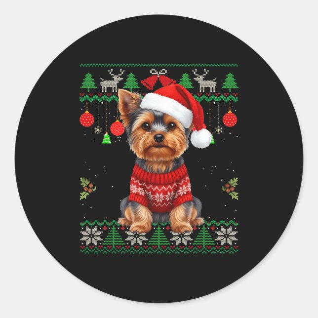Adesivo Redondo Yorkie Dog Christmas Wearing Ugly Christmas Sweate (Frente)