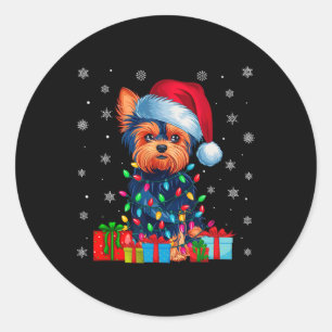 Adesivo Redondo Yorkie Dog Ugly Xmas Lights Santa Hat Yorkie Dog C