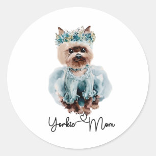 Adesivo Redondo Yorkie Mãe Cute Yorkie com Arte de Vestido Azul