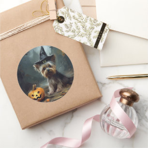 Adesivo Redondo Yorkshire Terrier Abóboras Halloween Assustador 