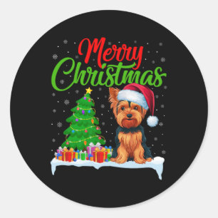Adesivo Redondo Yorkshire Terrier Árvore de Natal Luz Engraçado Na
