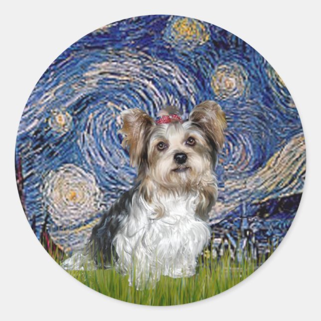 Adesivo Redondo Yorkshire Terrier (Biewer) - Starry Night (Frente)