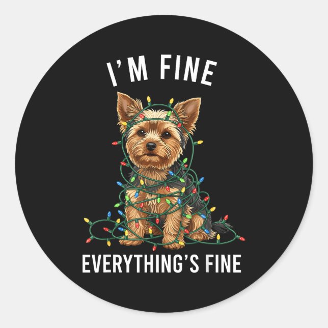 Adesivo Redondo Yorkshire Terrier Christmas I'm Fine Everything Is (Frente)