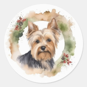 Adesivo Redondo Yorkshire Terrier Christmas Wreath Festivo Pup