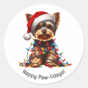 Adesivo Redondo Yorkshire Terrier Com Chapéu de Papai Noel e Luzes