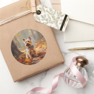 Adesivo Redondo Yorkshire Terrier em Autumn Leaves Cai Inspire