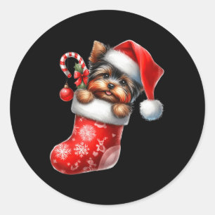 Adesivo Redondo Yorkshire Terrier em Sock Natal Santa Hat Xmas