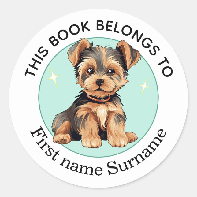 Adesivo Redondo Yorkshire Terrier Este Livro Pertence A Personalid (Frente)