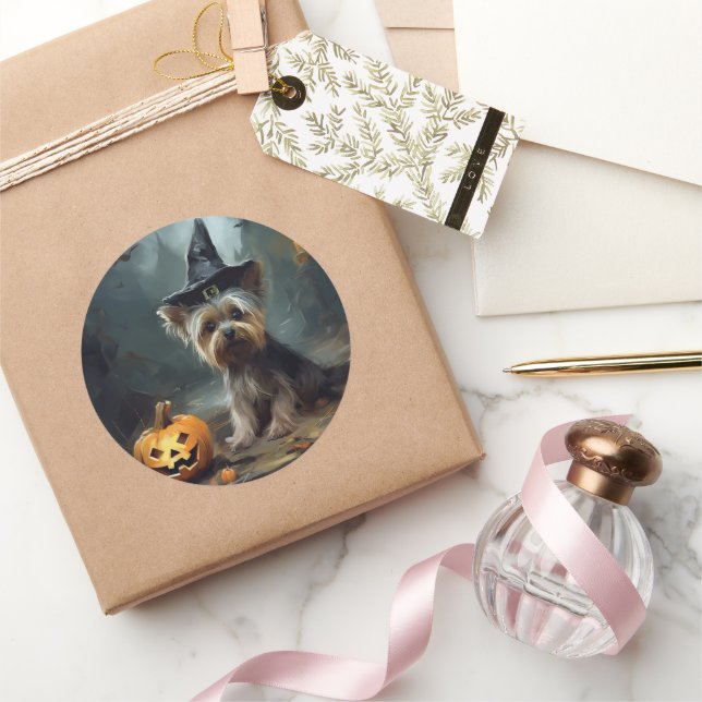 Adesivo Redondo Yorkshire Terrier Pumpkins Halloween Scary (Presentear)