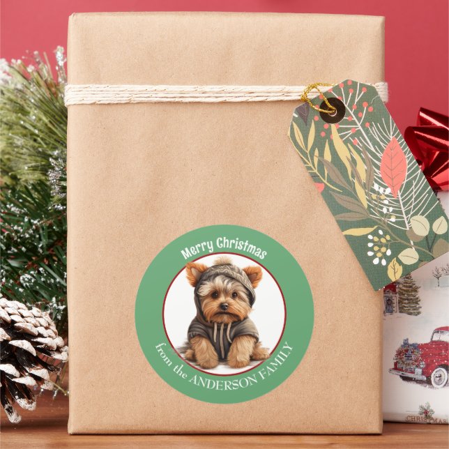 Adesivo Redondo Yorkshire Terrier Puppy no inverno Hoodie Natal (Feriado)