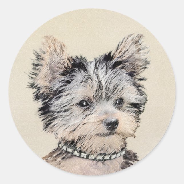 Adesivo Redondo Yorkshire Terrier Puppy Pintura Original (Frente)