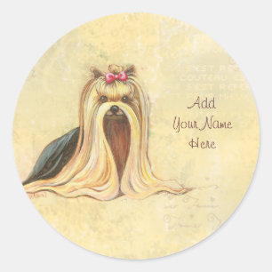 Adesivo Redondo Yorkshire Terrier Retrato em Beige w Script