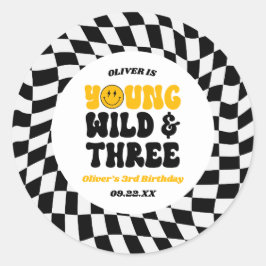Adesivo Redondo Young Wild & Three Retro Third 3rd Birthday Party