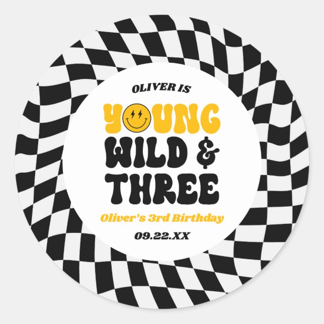 Adesivo Redondo Young Wild & Three Retro Third 3rd Birthday Party (Frente)